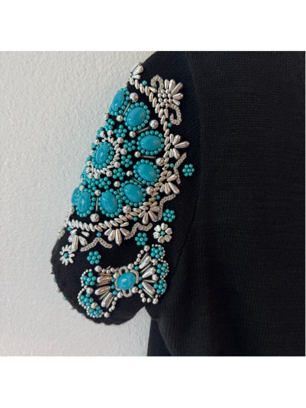 Vintage Michael Simon Sweater Dress Black Turquoise Beaded Cardigan Set of 2 - Picture 7 of 10